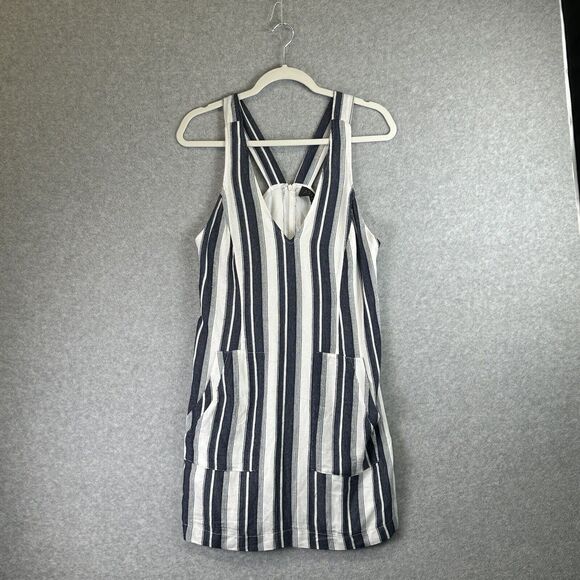 ASTR Sundress Jumper Pockets Casual Sleeveless Striped V-neck Gray White Size M - Picture 2 of 12